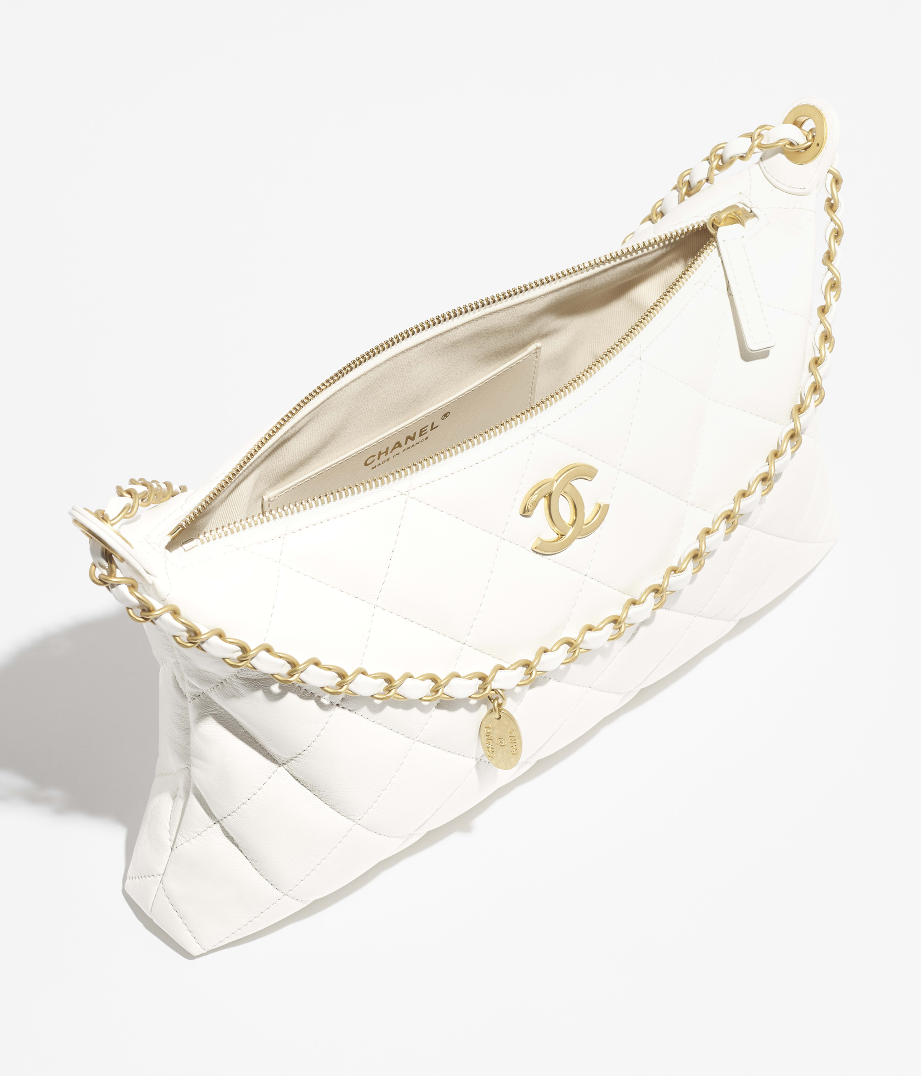 Bolso hobo grande - Blanco - Piel de cordero efecto brillo y metal dorado - 